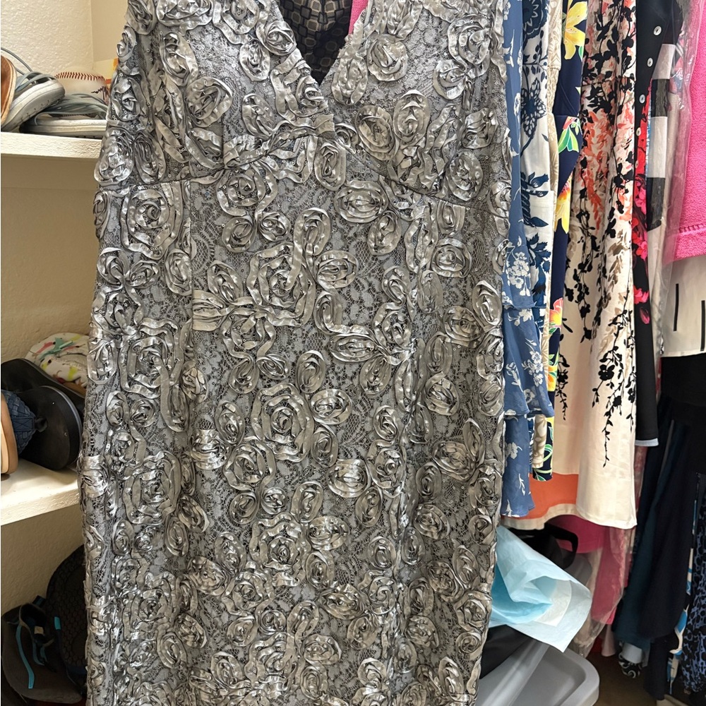 MARINA Sleeveless Silver Sheath Dress and V-Neck